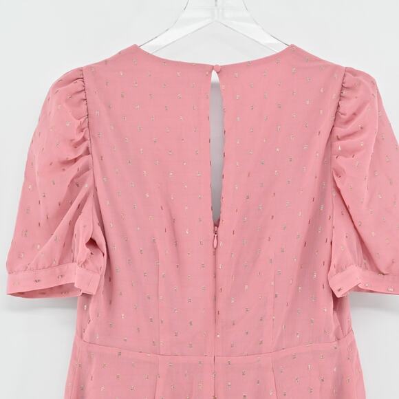 EXPRESS Dress Sz M Pink Gold Metallic Clip Dot Puff Sleeve Coquette Ballet Retro - Picture 6 of 12